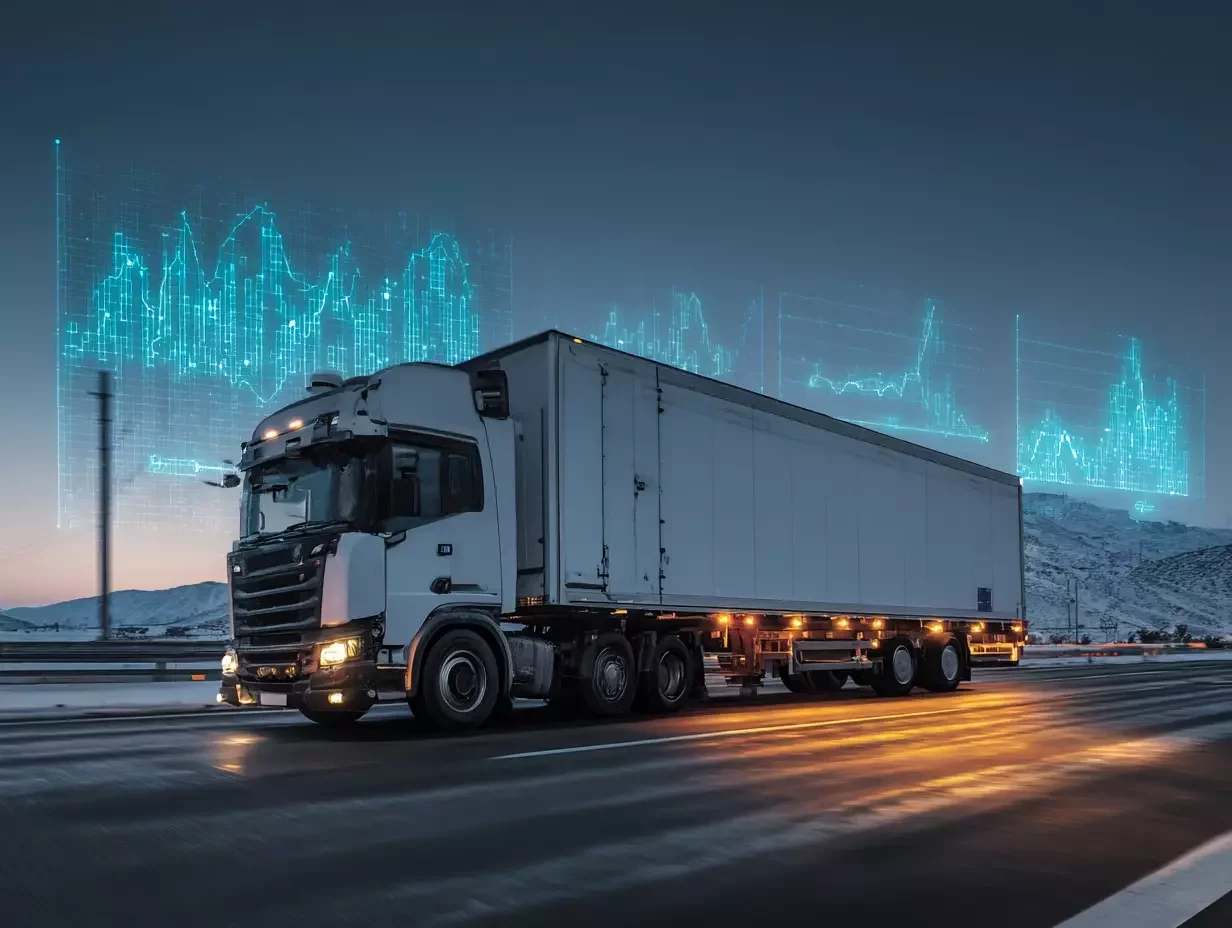 Ciężarówka chłodnicza z ekranem monitoringu temperatury jadąca autostradą z ładunkiem żywności