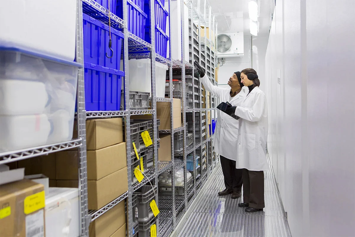 Pracownik w masce sprawdza daty ważności na fiolkach insuliny w strefie kontroli